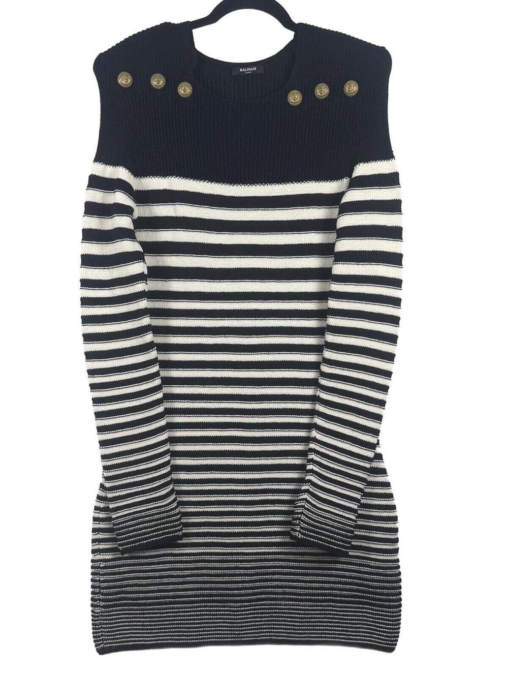 Balmain Striped Knit‎ Mini Dress Gold Button Ribbed Bodycon Black Size 44/12 US